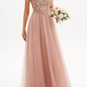 Spaghetti Strap V-Neck 3D Floral Lace Tulle A-Line Evening Dress, Bridesmaid Formal Gown Bulk Wholesale