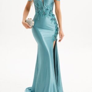 Off-the-Shoulder Glitter Satin Mermaid Evening Gown With 3D Floral Appliques, High Slit Formal Party Dress Bulk Wholesale