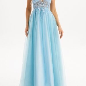 Spaghetti Strap V-Neck 3D Floral Appliques Glitter Tulle A-Line Prom Gown, Long Formal Evening Dress Bulk Wholesale