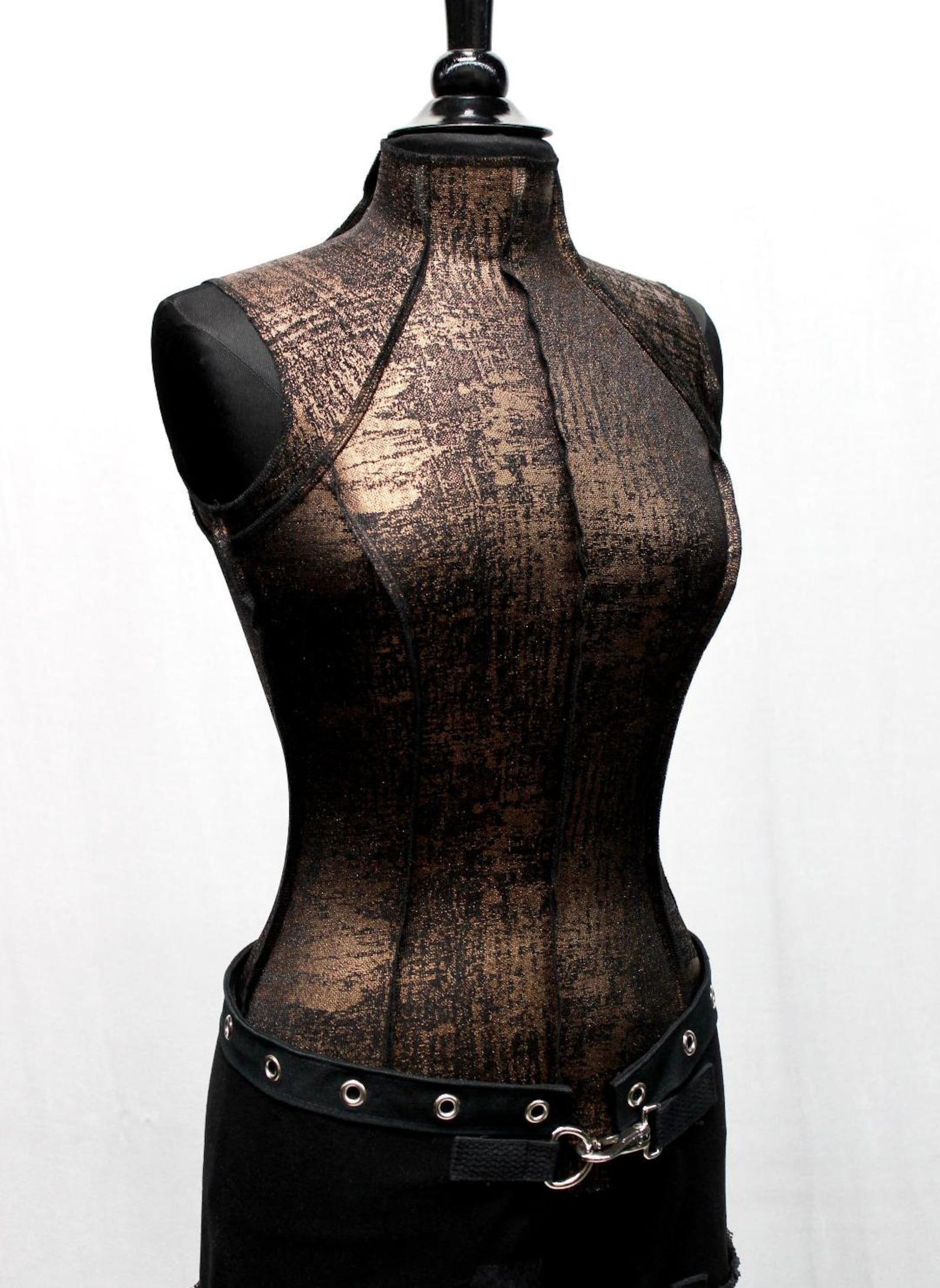 High Neck Metallic Burnout Mesh Corset Top, Heavy Seamed Structured Sleeveless Bustier Bulk Wholesale