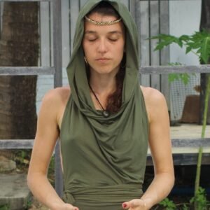 Hooded Cowl Wrap Sleeveless Halter Top, Heavy Draped Fabric Bohemian Priestess Style Tank Bulk Wholesale