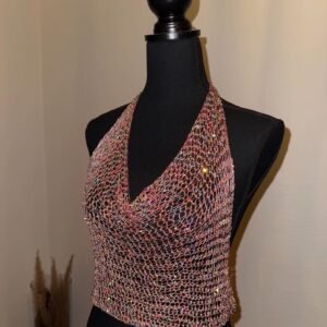 Sparkly Iridescent Mesh Knit Halter Stage Crop Top