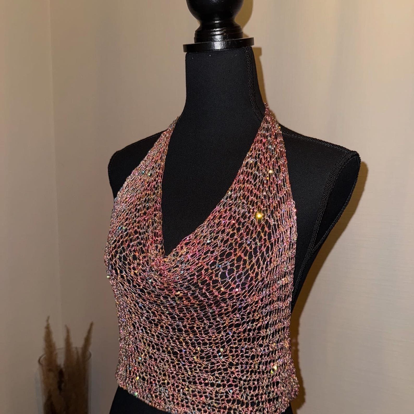 Sparkly Iridescent Mesh Knit Halter Stage Crop Top