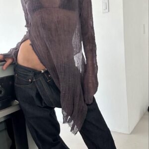 Crinkled Sheer Mesh Long Sleeve Stage Top with Dark Denim Wide Leg Pant Set