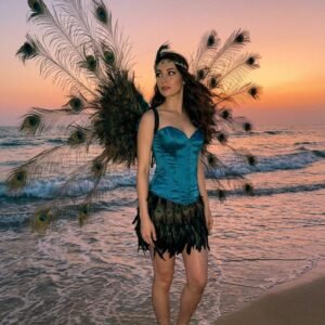 Peacock Feather Corset Costume Set, Teal Satin Bustier with Feather Skirt and Feather Wings Bulk Wholesale