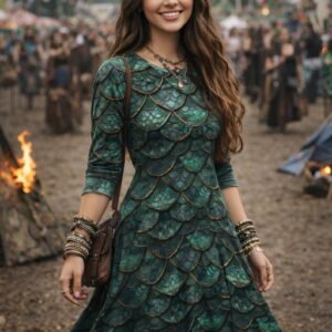 Dragon Scale Fantasy Midi Dress, 3/4 Sleeve A-Line Dress With Side Pockets Bulk Wholesale