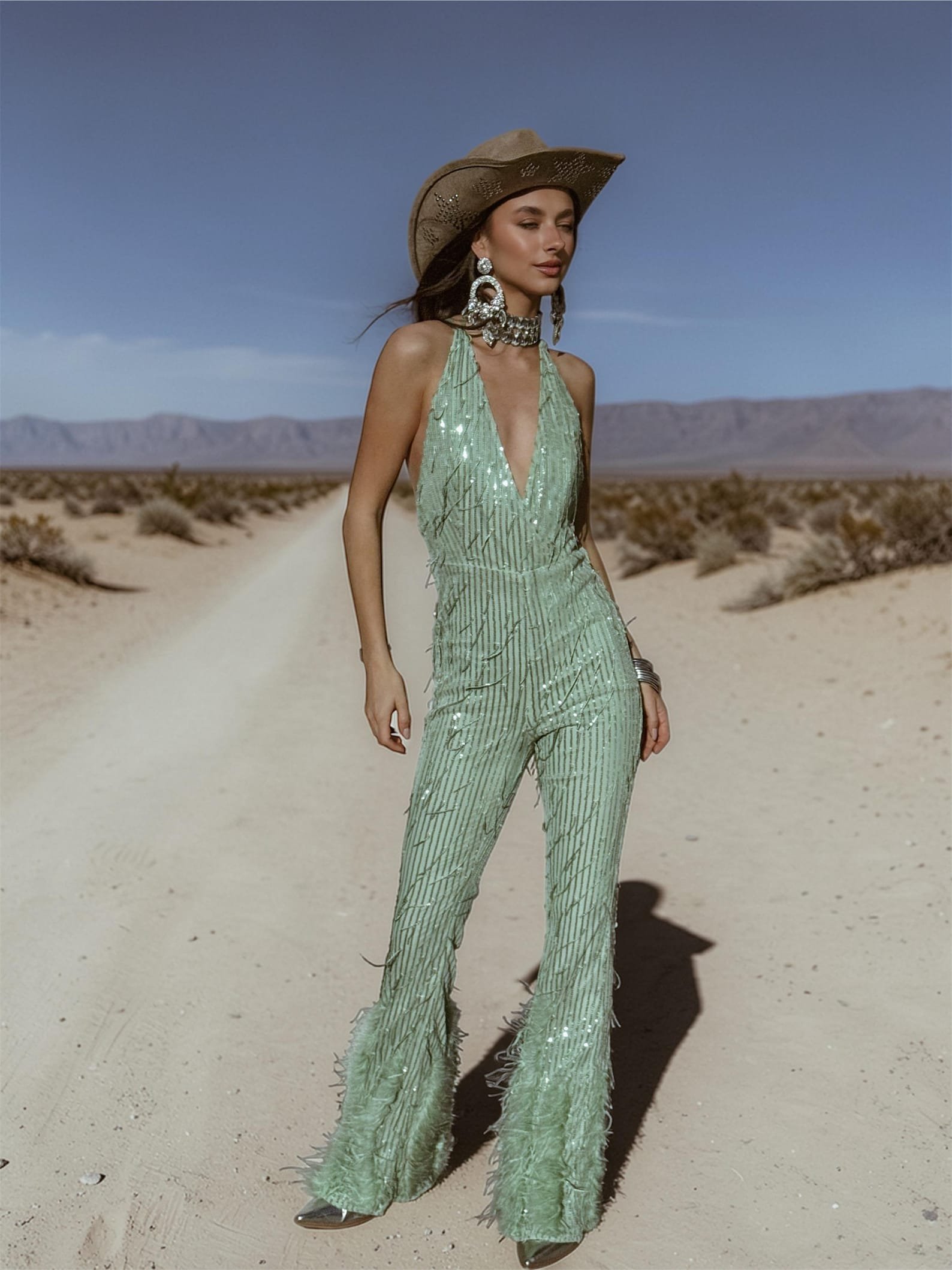 Halter Deep V Sequin Fringe Flared Jumpsuit, Sparkly Festival Party Romper Bulk Wholesale