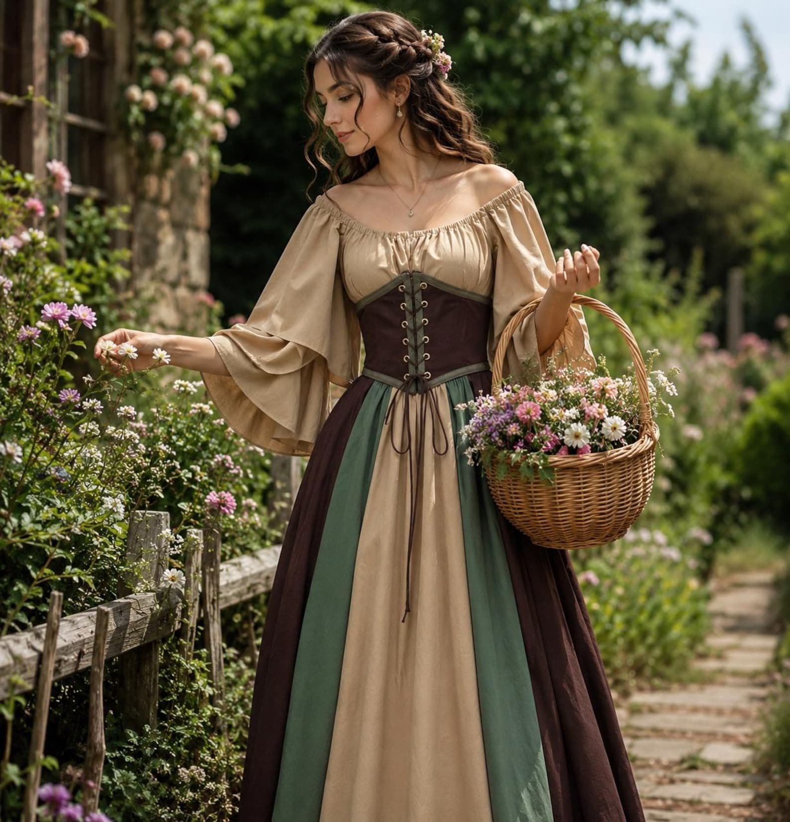 Renaissance Off Shoulder Bell Sleeve Corset Maxi Dress, Medieval Fairy Cottagecore Gown Bulk Wholesale