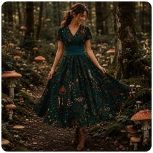 Forest Mushroom Print V-Neck Short Sleeve Midi Dress, Cottagecore Whimsical Nature Themed Gown Bulk Wholesale