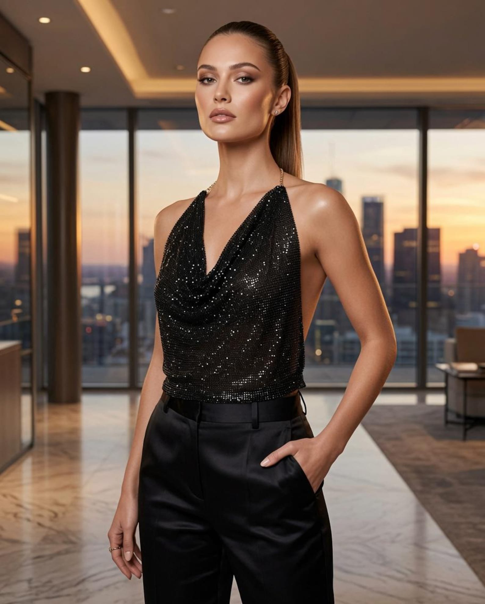 Draped Cowl Halter Chain Strap Rhinestone Mesh Tank Top, Heavy Embellished Backless Evening Camisole Bulk Wholesale