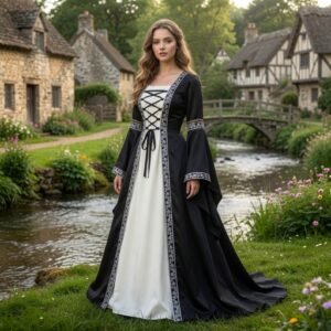 Medieval Black Trimmed Bell Sleeve Gown, Renaissance Noble Lady Floor Length Dress Bulk Wholesale