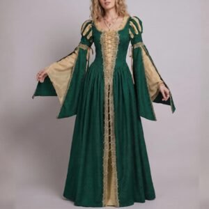 Renaissance Green Lace Trim Floor Length Gown, Medieval Noble Lady Puffed Bell Sleeve Dress Bulk Wholesale