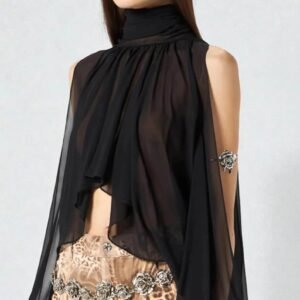 High Neck Sheer Chiffon Sleeveless Cape Blouse, Draped Ruffle Flowy Cropped Mesh Top Bulk Wholesale