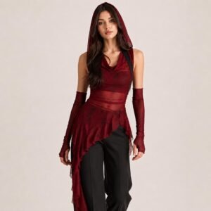 Hooded Draped Mesh Asymmetric Tunic Top with Fingerless Long Sleeves, Dark Fantasy Layered Mesh Outfit Bulk Wholesale
