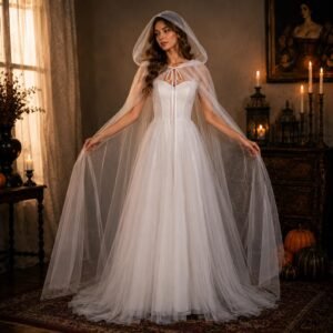 White Sweetheart Tulle Gown with Hooded Tulle Cape, Gothic Fairy Wedding Cosplay Dress Bulk Wholesale