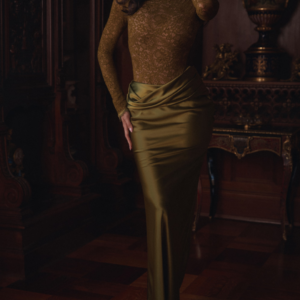 Olive Lace Satin Stage Performance Two Piece Outfit