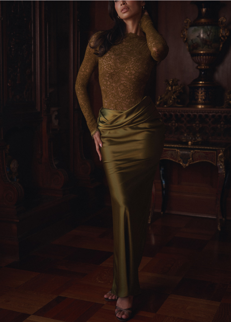 Olive Lace Satin Stage Performance Two Piece Outfit