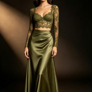 Olive Green Lace Satin Two Piece Stage Performance Set