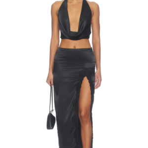 Black Satin Halter Stage Performance Two Piece Set