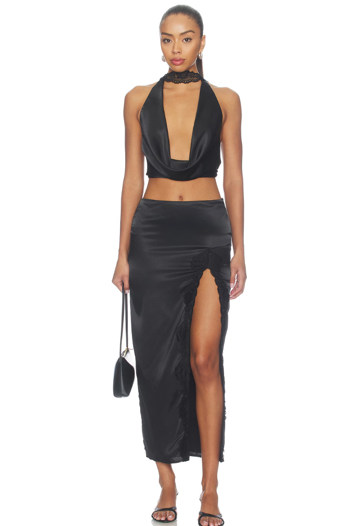 Black Satin Halter Stage Performance Two Piece Set