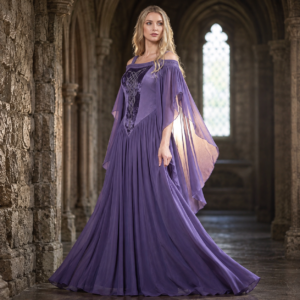 Medieval Off Shoulder Chiffon Maxi Gown, Celtic Embroidered Velvet Bodice Witch Elf Dress Bulk Wholesale