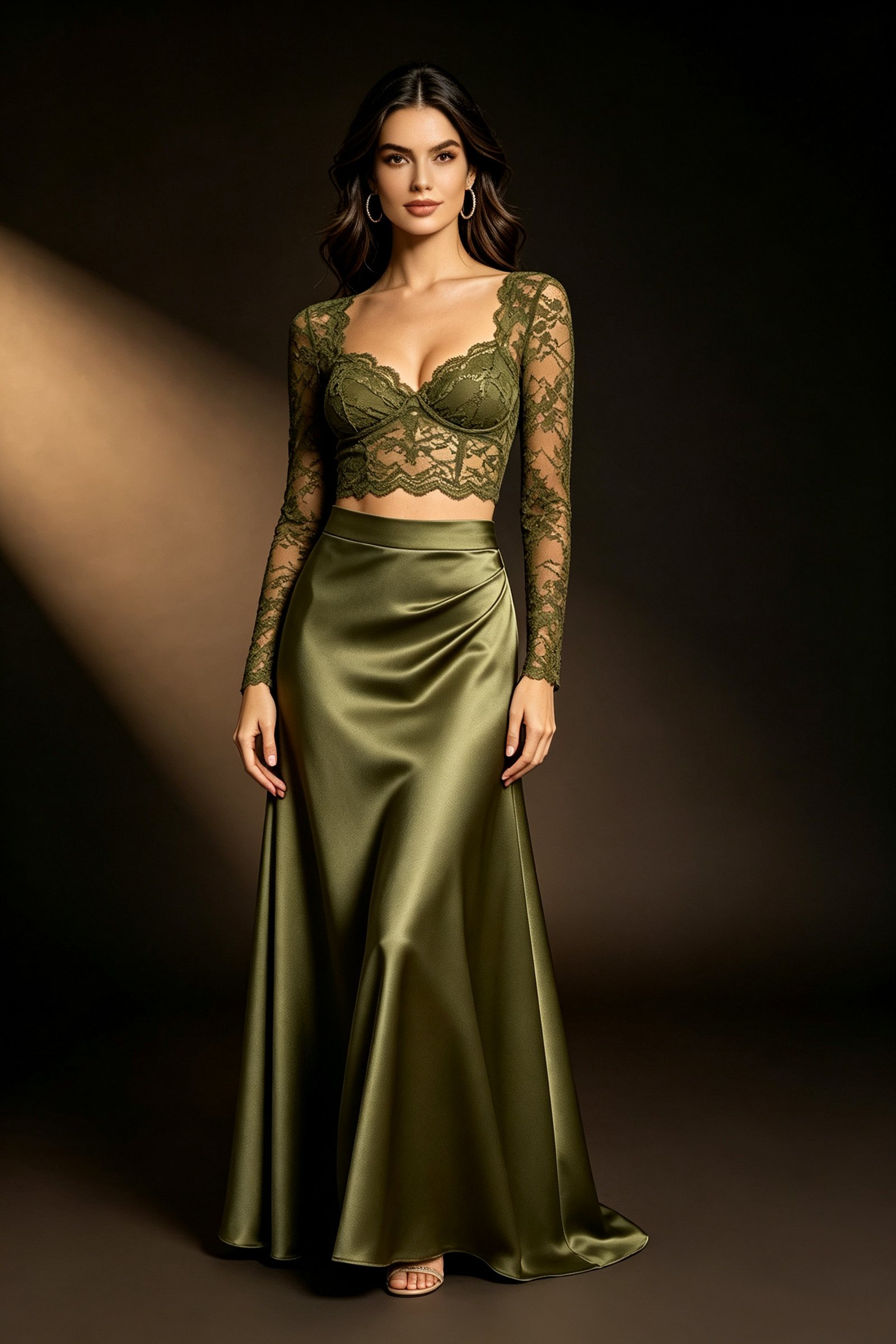 Olive Green Lace Satin Two Piece Stage Performance Set